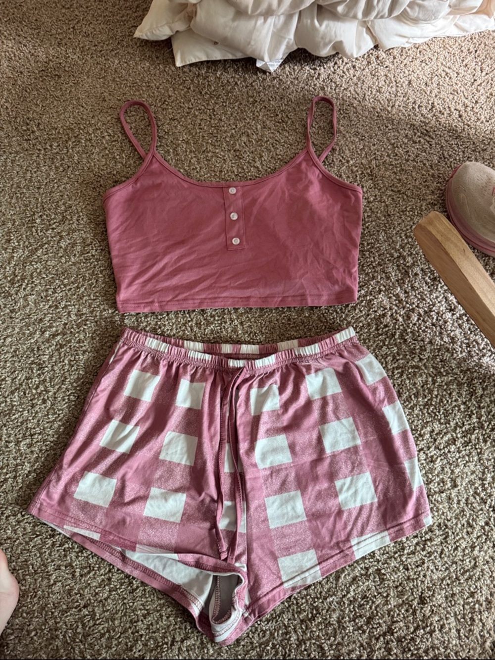 Women's Pink Two-Piece Sleep Set – Cropped Tank & Checker Shorts